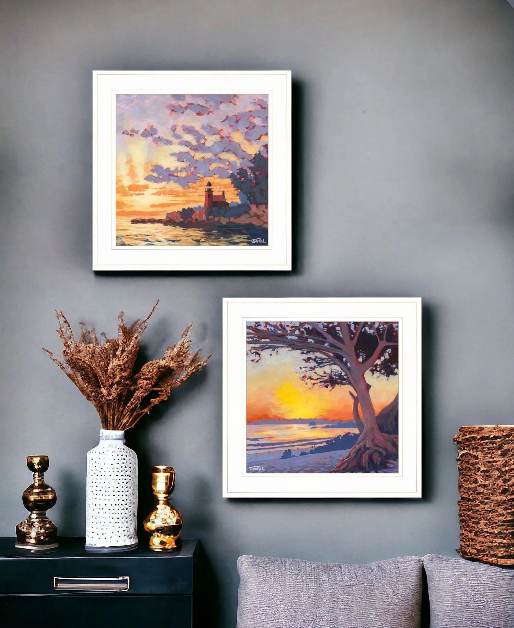 White Framed Beach and Lighthouse Print Set