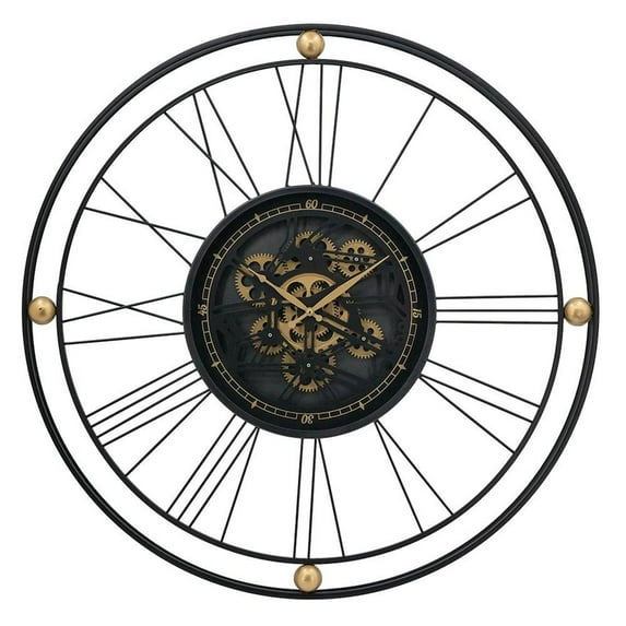 HomeRoots 32" Circle Black And Gold Metal And Glass Analog Exposed Gear Wall Clock