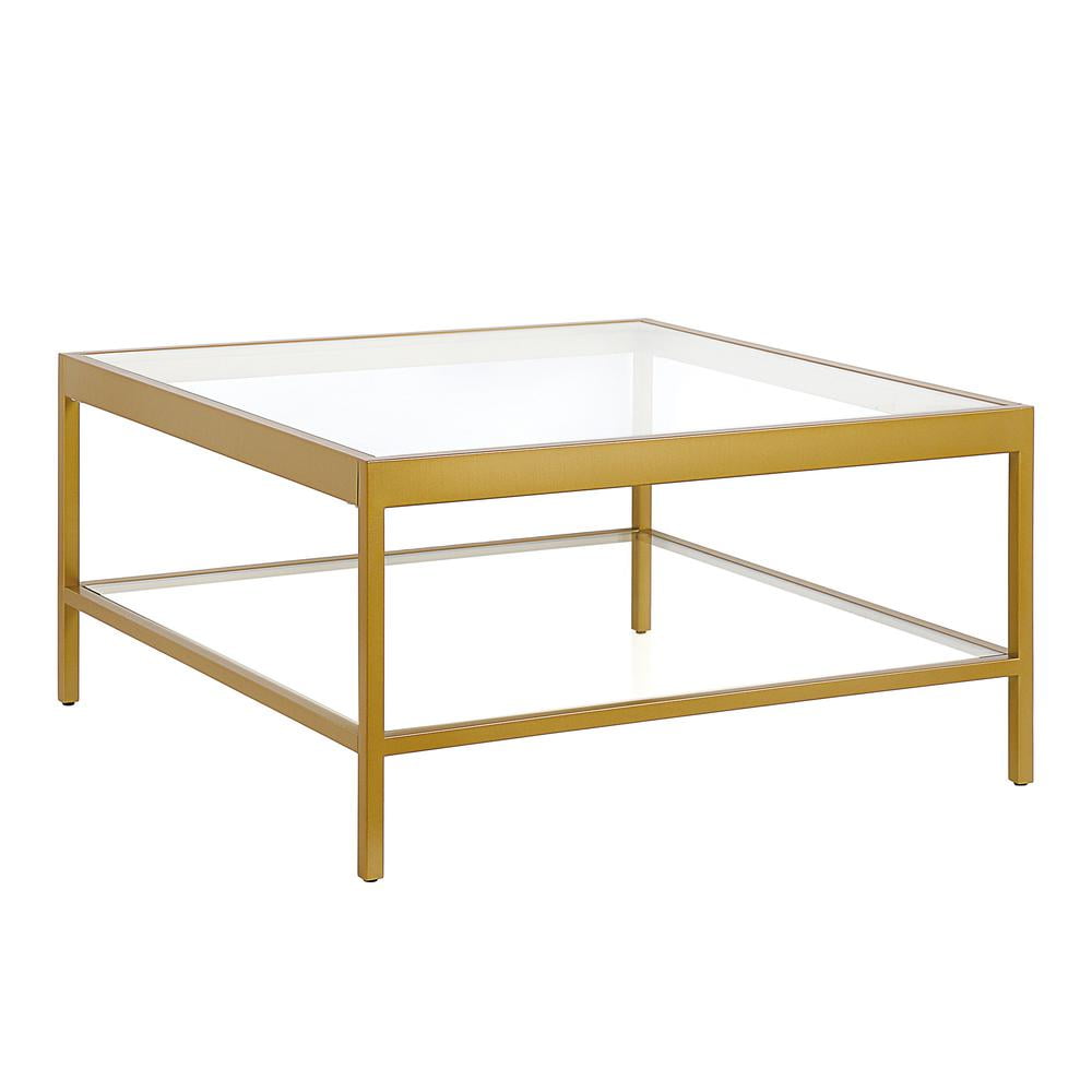 HomeRoots 32" Gold Glass And Steel Square Coffee Table With Shelf