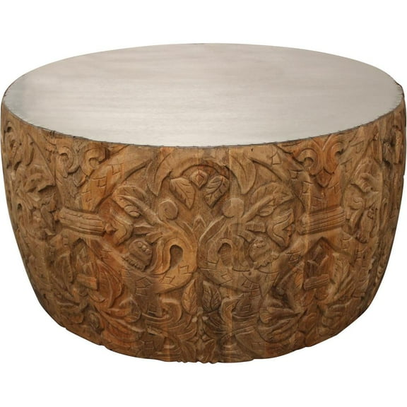 32" Natural Brown And White Wash Hand Carved Wood Round Coffee Table