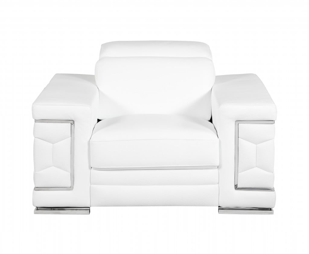 114" White Leather Reclining Sofa with Track Arms