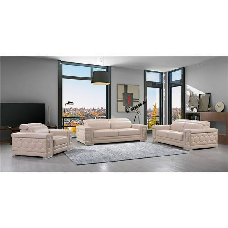 Three Piece Indoor Beige Italian Leather Six Person Seating Set Three Piece Indoor Beige Italian Leather Six Person Seating Set