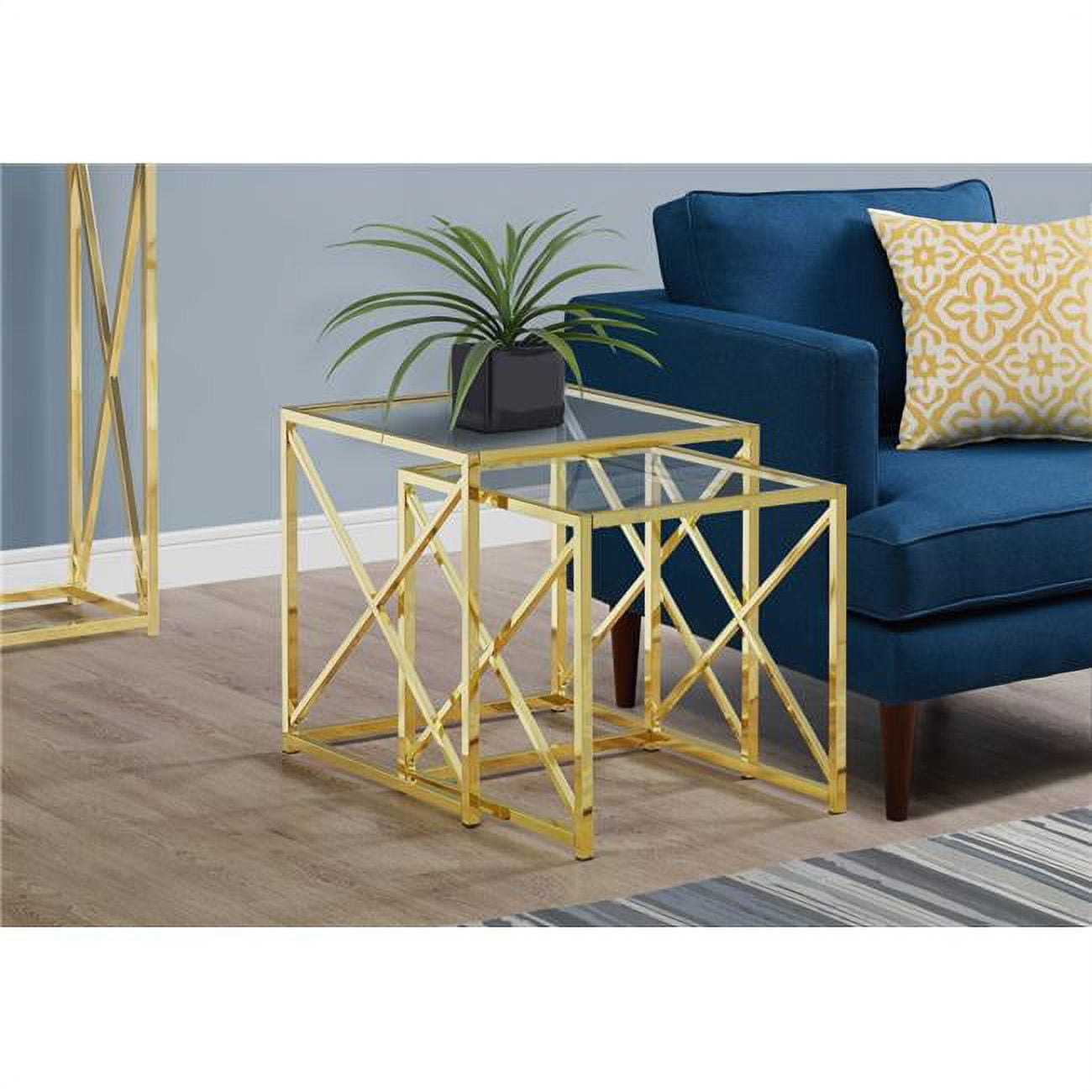 38" Gold Metal and Glass Nesting Table Set - 2 Pieces