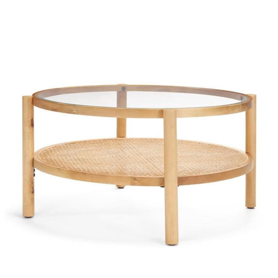 HomeRoots 602913 34 in. Clear & Natural Glass & Solid Wood Round Coffee Table with Shelf