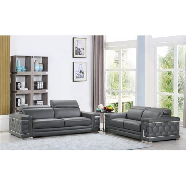 Modern Luxe Dark Gray Leather Reclining Sofa and Loveseat Set