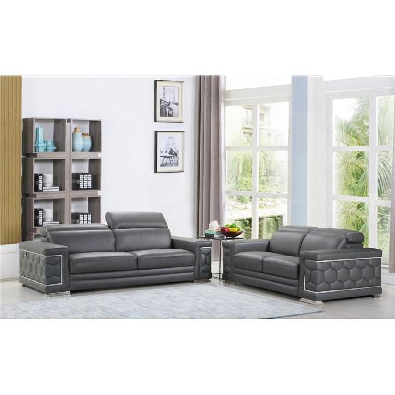 Modern Luxe Dark Gray Leather Reclining Sofa and Loveseat Set