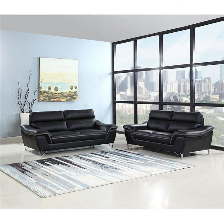Two Piece Indoor Black Genuine Leather Five Person Seating Set Two Piece Indoor Black Genuine Leather Five Person Seating Set