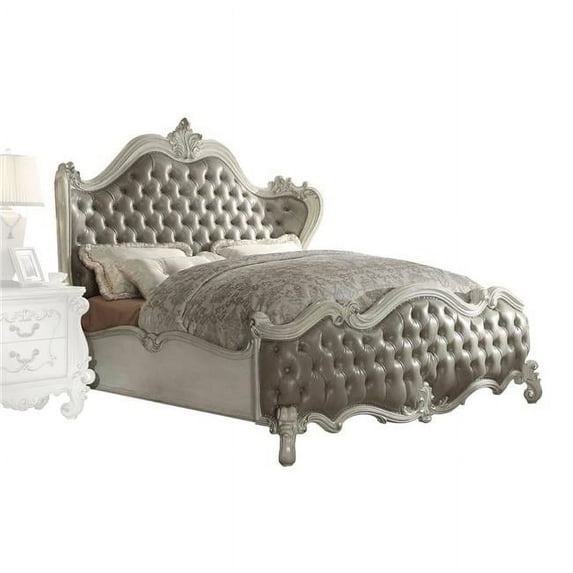 HomeRoots 348178 92 x 97 x 76 in. Vintage Gray PU Bone White Wood Poly Resin Upholstery Eastern King Bed