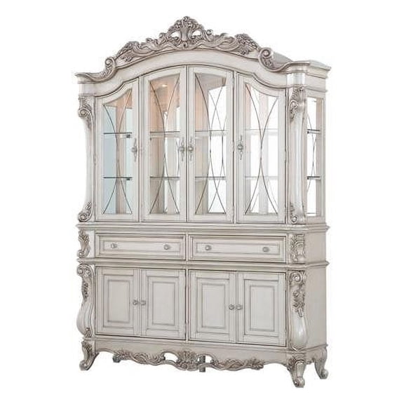 HomeRoots 348654 24 x 75 x 106 in. Antique White Wood Glass Mirror Hutch & Buffet