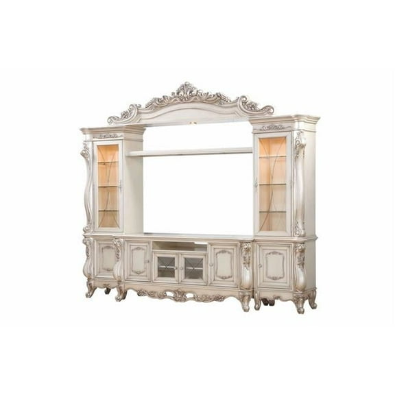HomeRoots 348661 25 x 117 x 101 in. Antique White Wood Glass Poly-Resin Entertainment Center Credenza