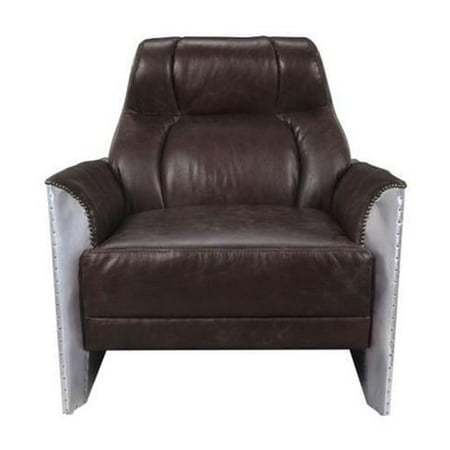 35" Espresso Top Grain Leather And Steel Patchwork Club Chair