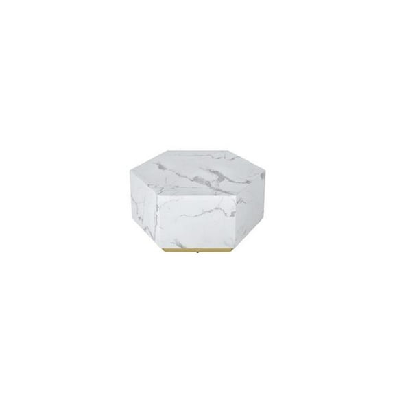 HomeRoots 554312 35 in. White & Gold Faux Marble Hexagon Drum Coffee Table