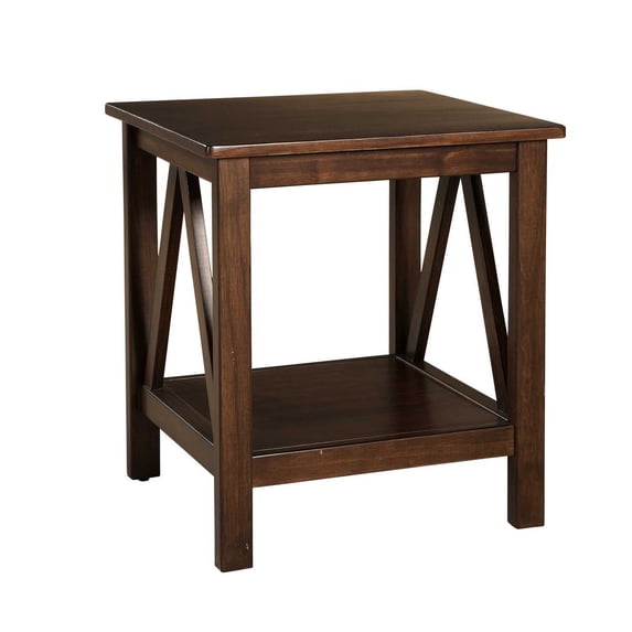 HomeRoots 351582 Wooden End Table with Bottom Shelf & Inverted V Design Sides, Brown