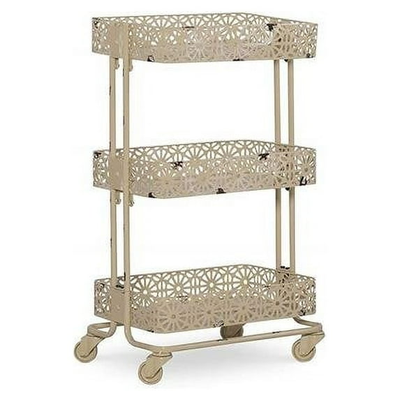 HomeRoots 352239 3 Tier Spacious Metal Cart with Pierced Floral Design, Cream