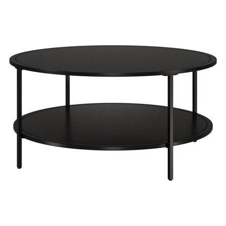 HomeRoots 36" Black Glass And Steel Round Coffee Table With Shelf