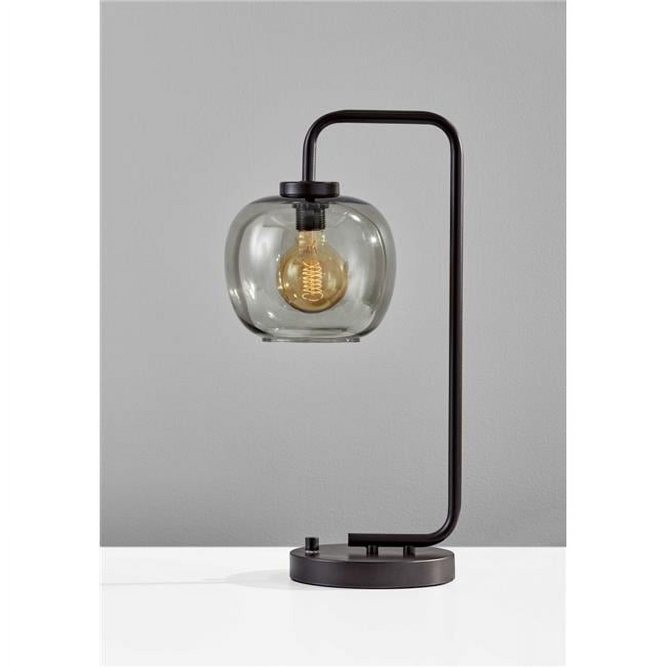 Antique Brass Metal Arc Table Lamp with Smoked Glass Globe