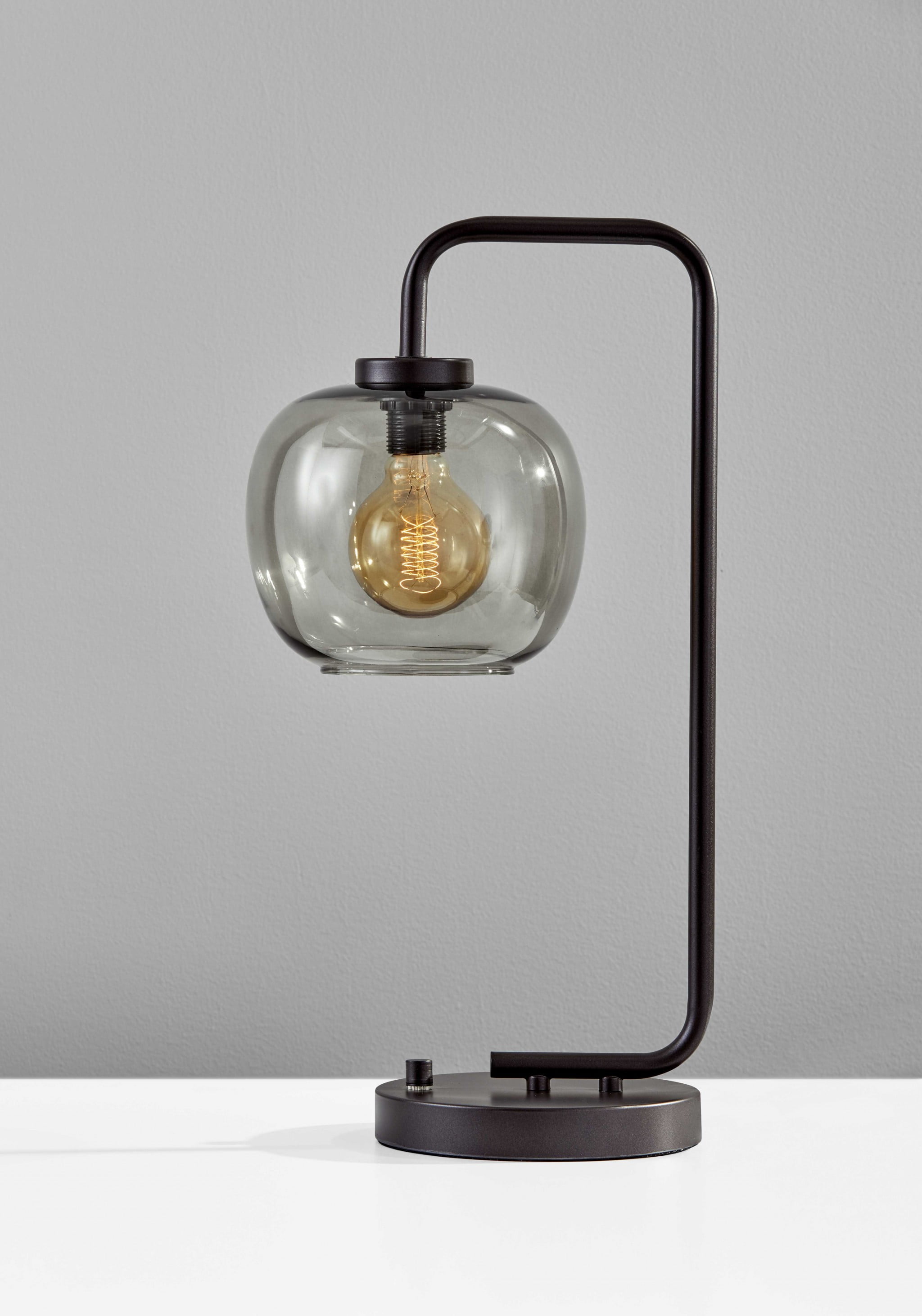 Antique Brass Metal Arc Table Lamp with Smoked Glass Globe