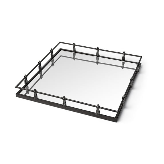 HomeRoots 376036 Mirrored Glass Bottom & Railing Handle Tray with Natural Finish Metal, Silver