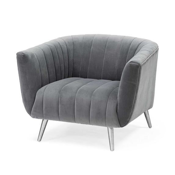 HomeRoots 376354 Gray Velvet-Wrapped Seating Wide Accent Chair with Wooden Frame & Silver Iron Legs