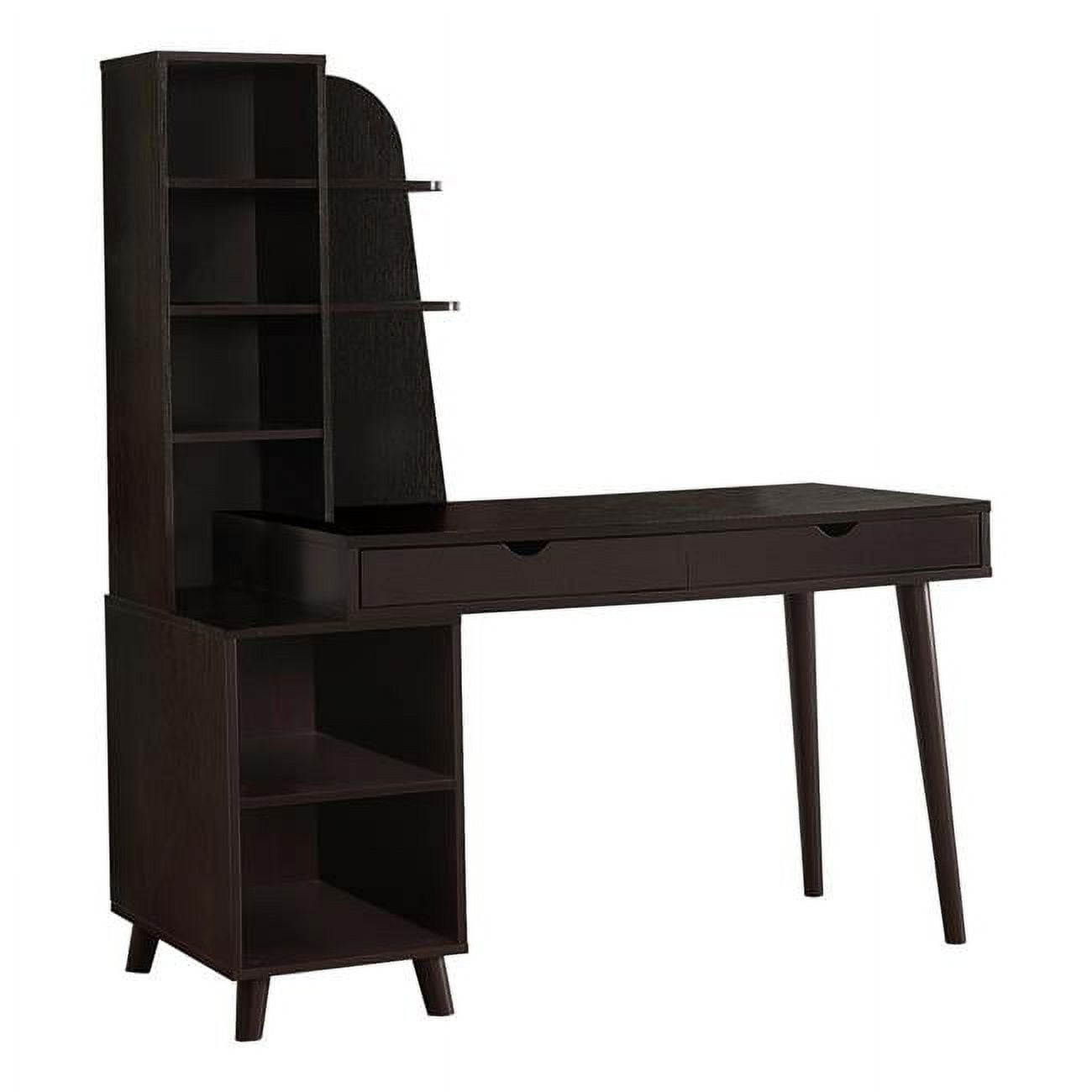 Espresso 55" Solid Wood Computer Desk with Bookcase & Drawers