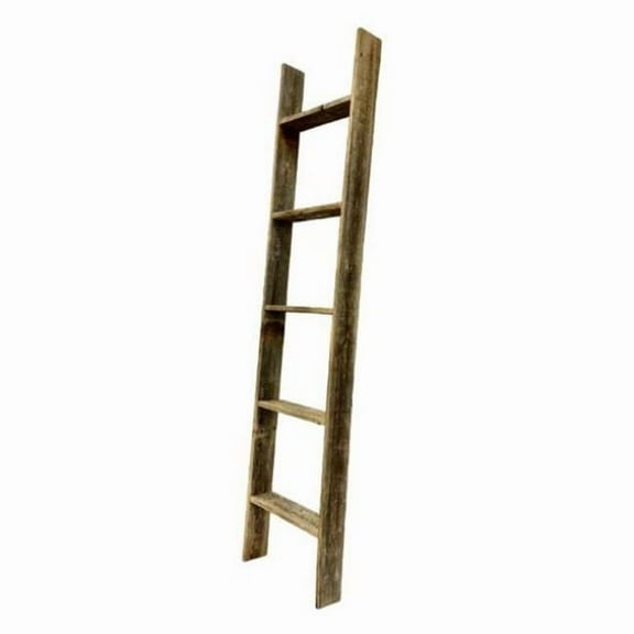 HomeRoots 380325 5 Step Rustic Weathered Grey Wood Ladder Shelf