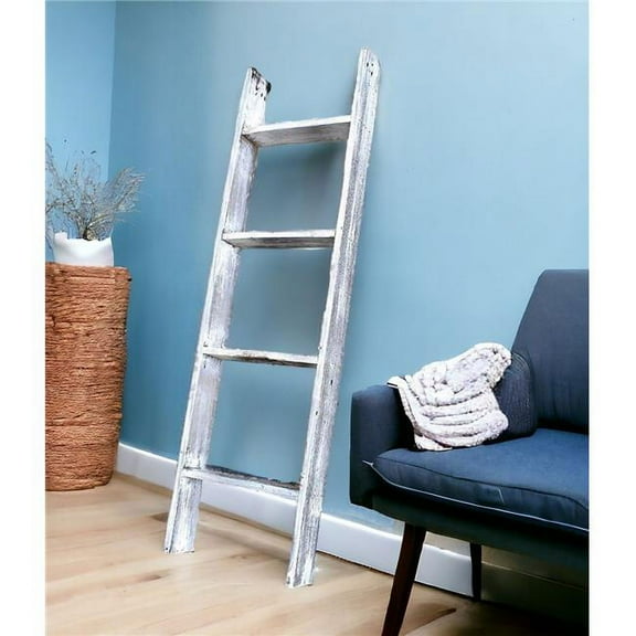 HomeRoots 380342 49 in. Whitewash Rustic Four Step Wood Ladder Shelf
