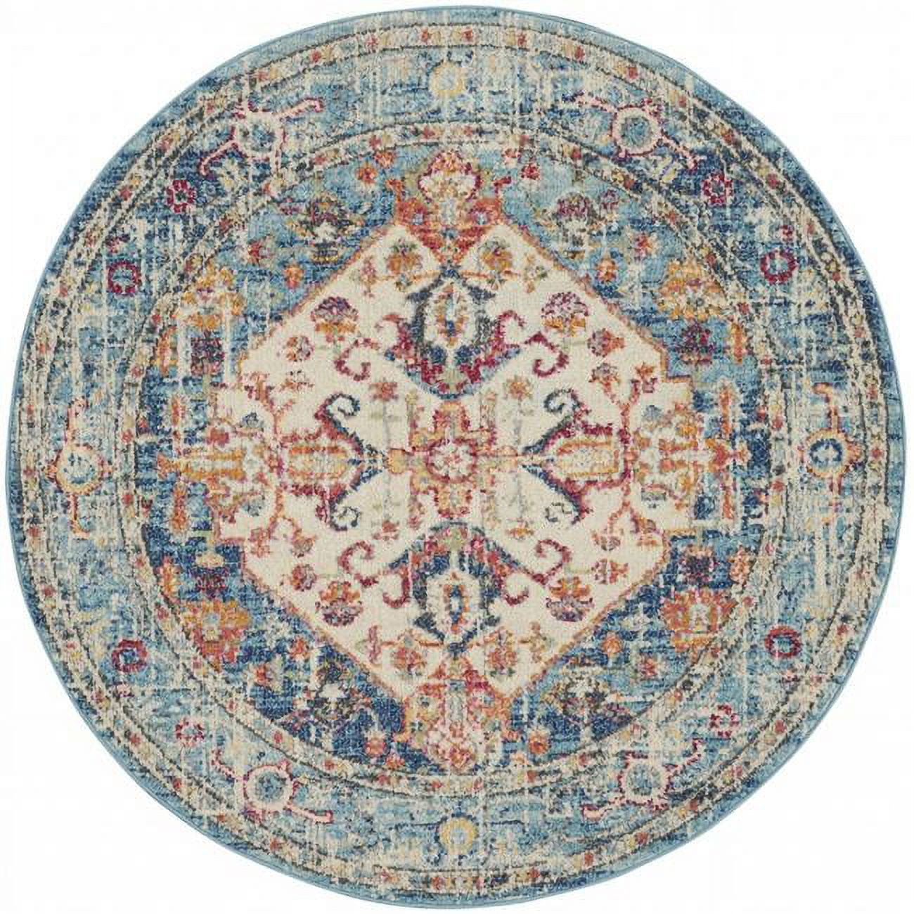 HomeRoots 385551 5 ft. Round Ivory & Light Blue Distressed Area Rug