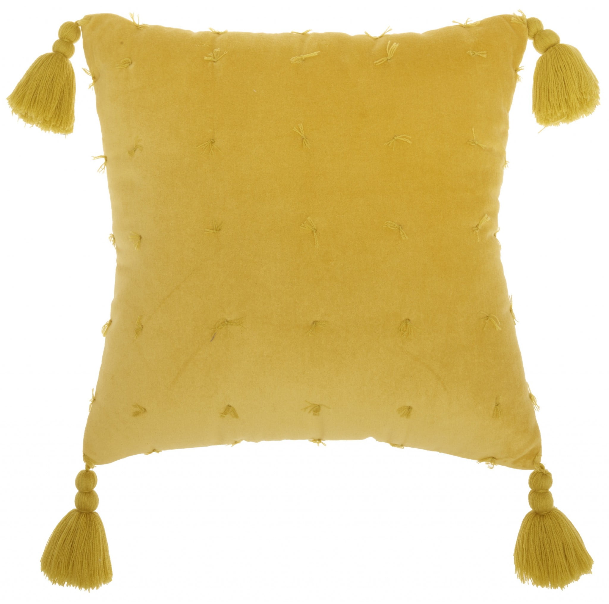 Mustard Yellow Velvet Tassel Throw Pillow, 18" x 18"