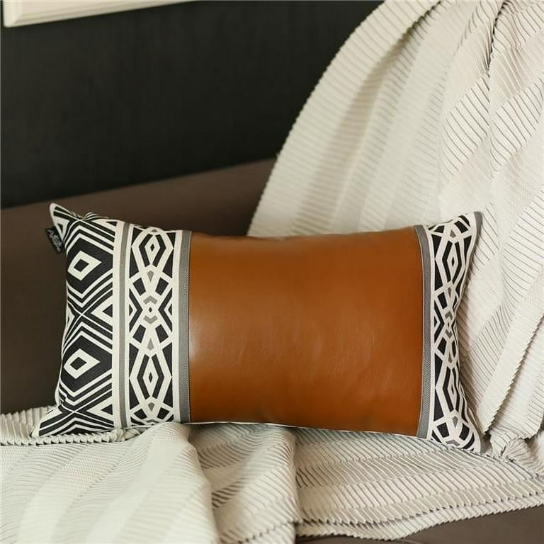 Rectangular Rustic Brown Faux Leather And Geometric Patterns Lumbar Pillow Cover Rectangular Rustic Brown Faux Leather And Geometric Patterns Lumbar Pillow Cover
