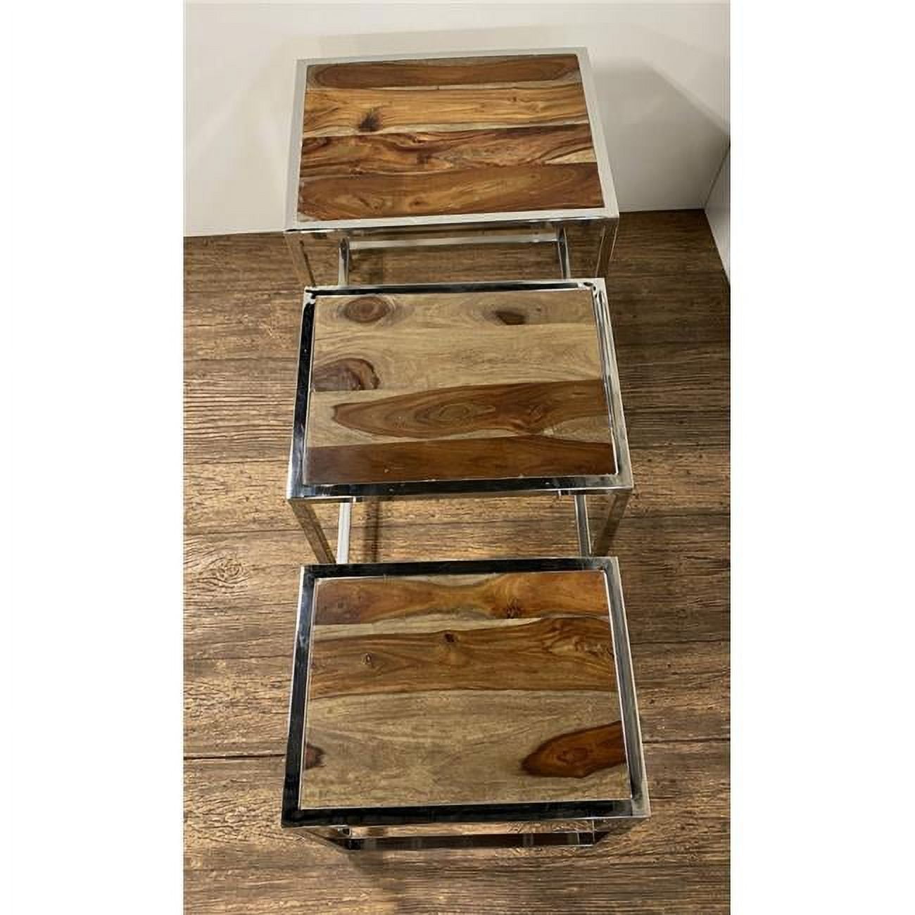 Modern Rustic Stainless Steel and Wood Nesting Tables Set