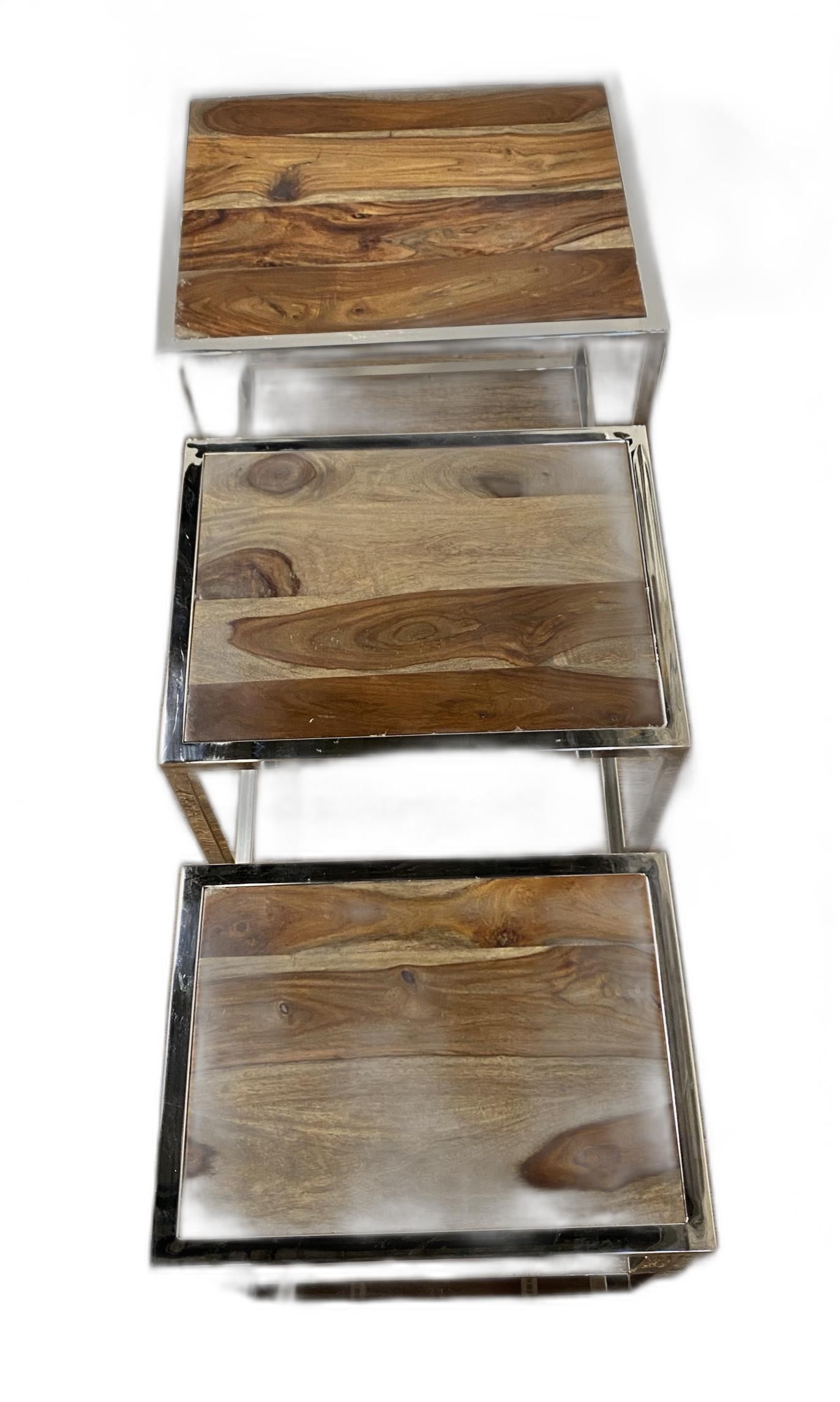 Modern Rustic Stainless Steel and Wood Nesting Tables Set