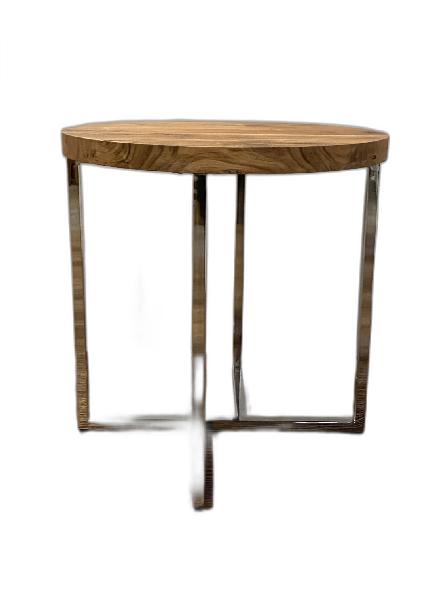 21.5" Round Acacia and Stainless Steel Side Table