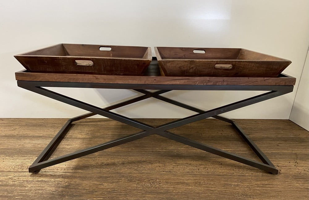 Rustic Mango Wood & Iron Cross-Leg Lift-Top Coffee Table with Removable Trays