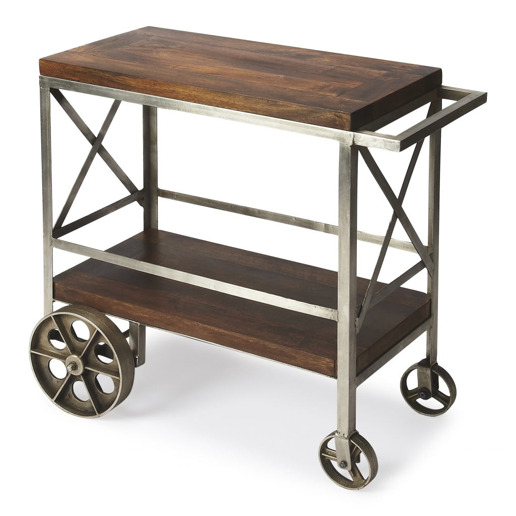 Vintage Industrial Mango Wood and Iron Rolling Bar Cart