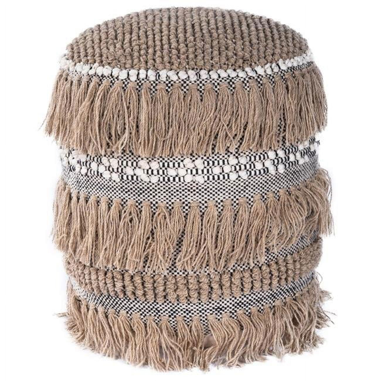 Boho Bullet Tassel Round Pouf Ottoman in Beige