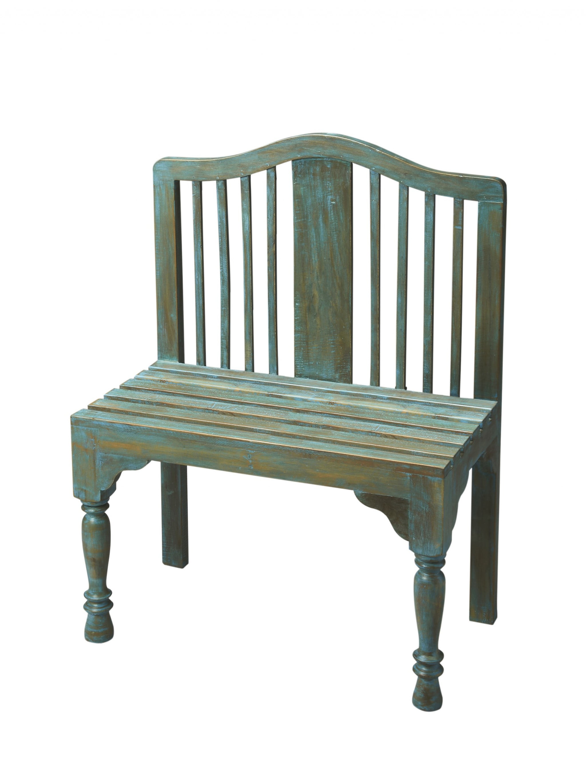 Antiqued Blue Solid Wood Gardener's Bench with High Slatted Back