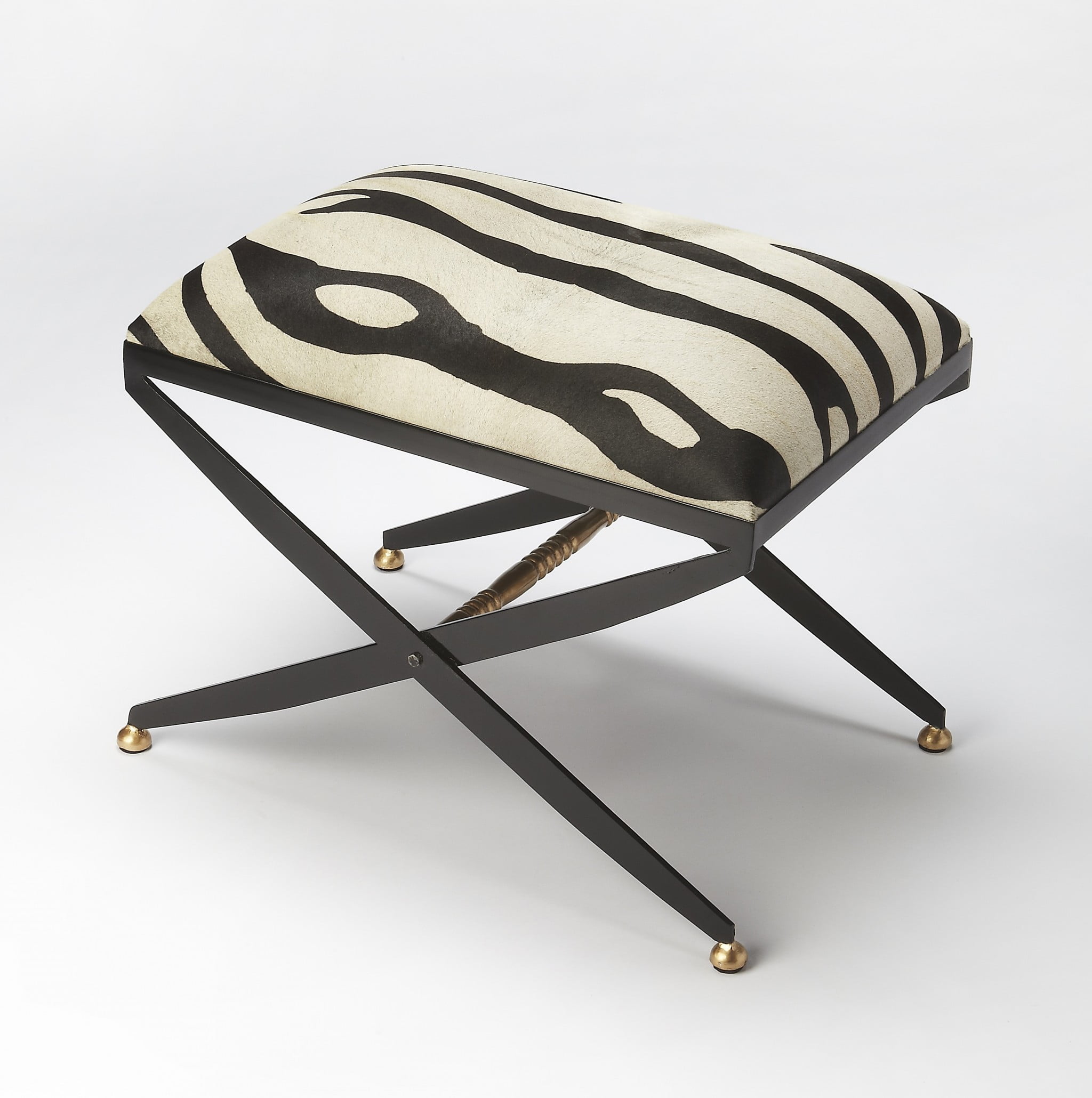 Cosmopolitan Zebra Leather Stool with Black Iron X Base