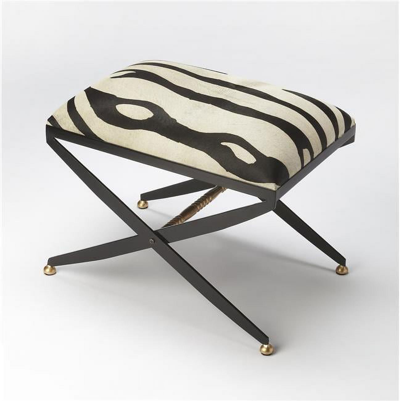 Cosmopolitan Zebra Leather Stool with Black Iron X Base