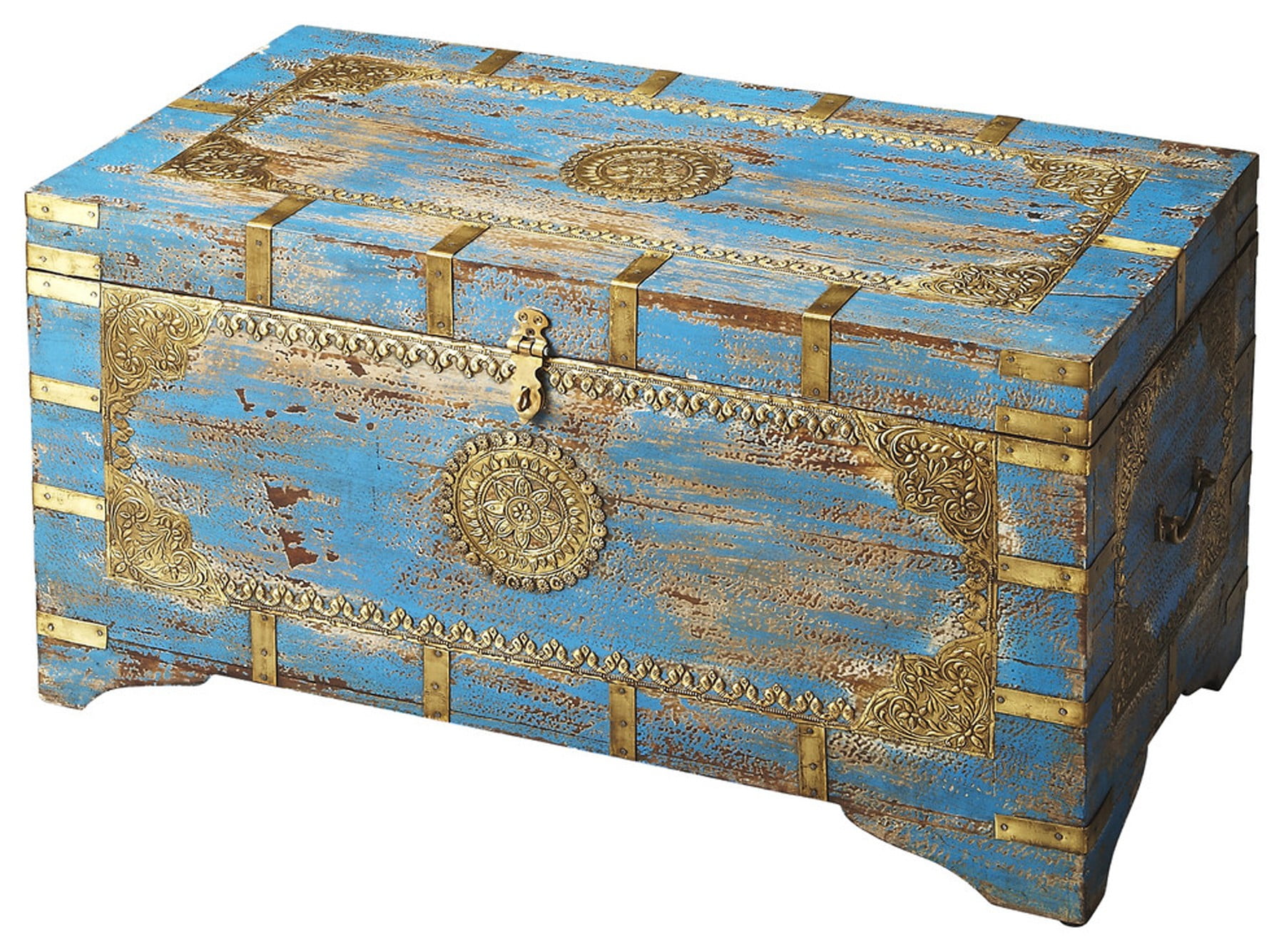 Blue and Gold Mango Wood Storage Trunk with Brass Inlay