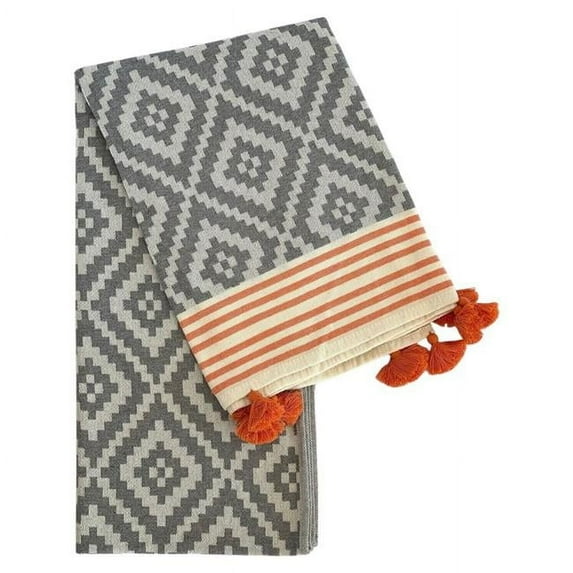 HomeRoots 521296 39 x 71 in. Gray & Orange Cotton Geometric Turkish Towel Throw Blanket with Tassels