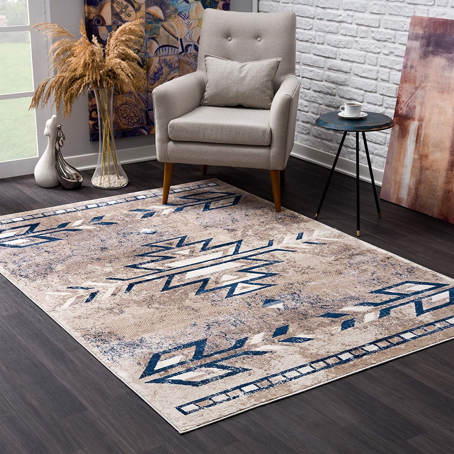 4???????? x 6???????? Beige and Blue Boho Chic Area Rug