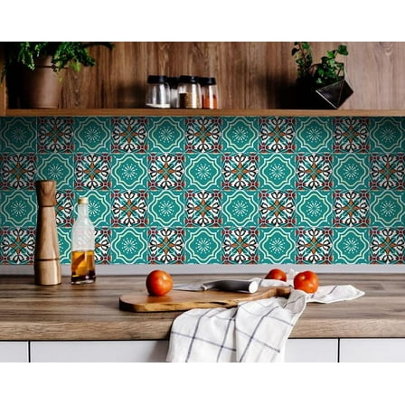HomeRoots 390867 8 x 8 in. Turq & Terra Cotta Scroll Peel & Stick Removable Tiles