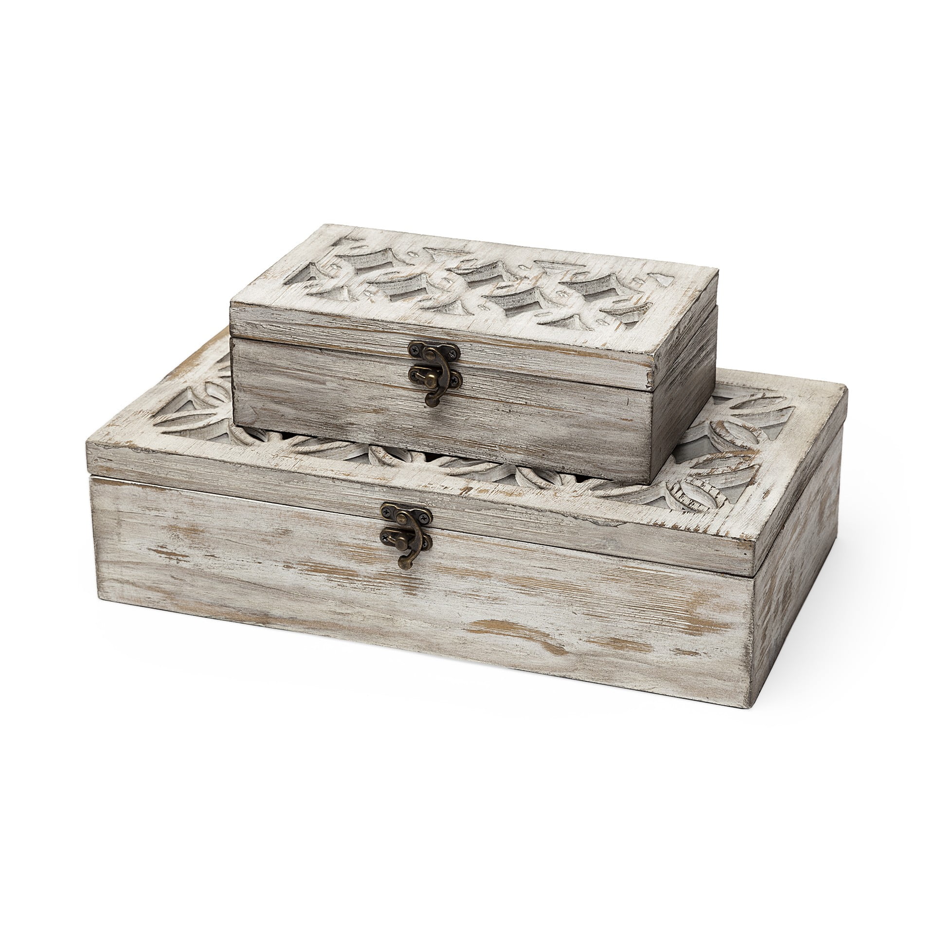 Set of Two Distressed Whitewashed Wooden Decorative Boxes