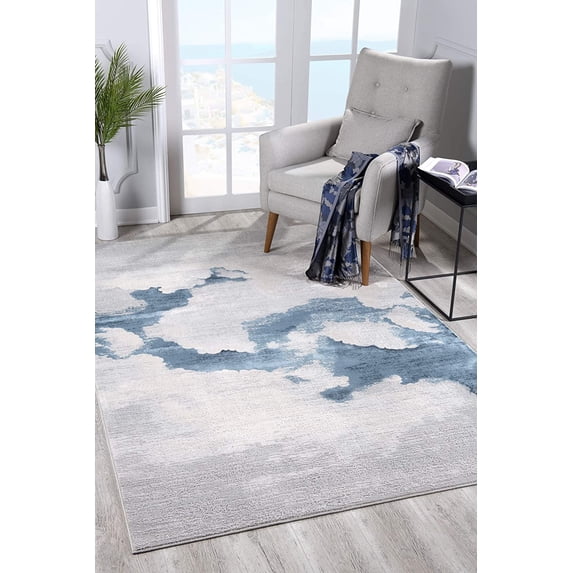 8’ x 11’ Gray and Blue Abstract Clouds Area Rug