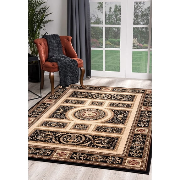 7’ x 9’ Black and Beige Traditional Geometric Area Rug