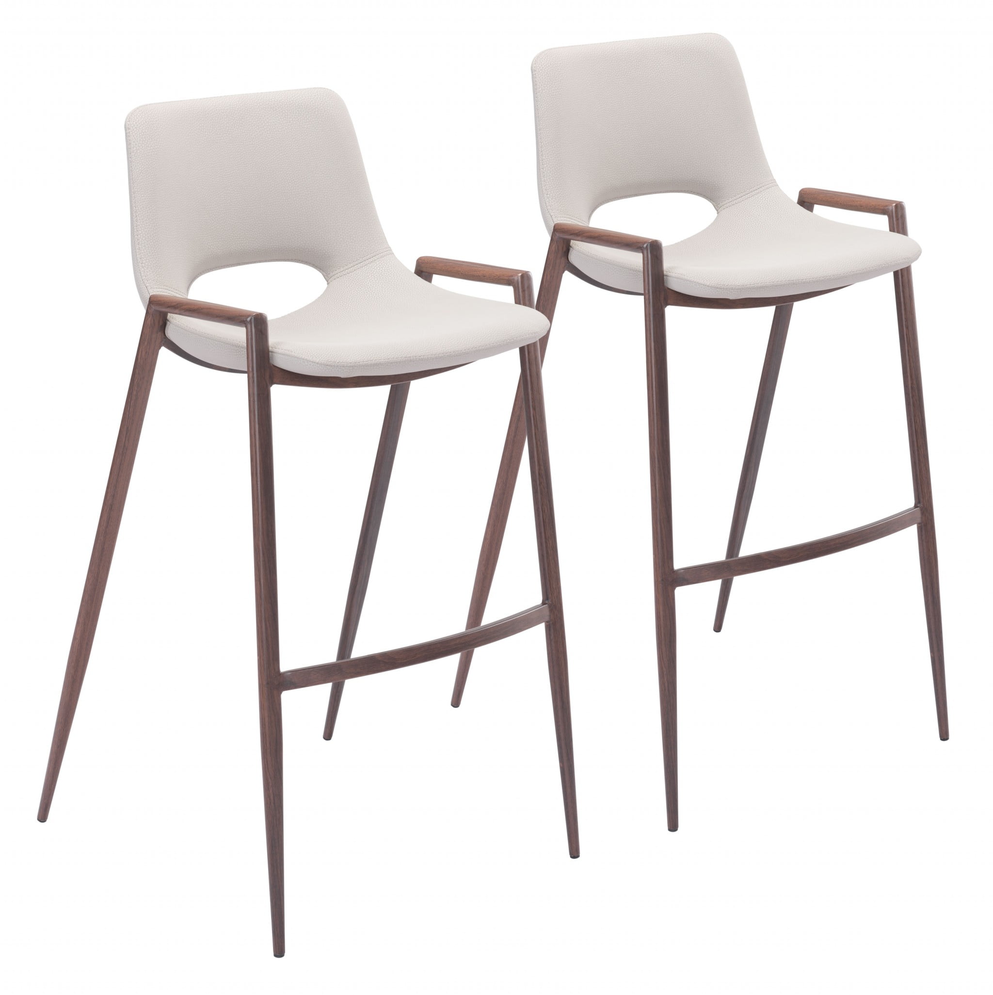 Beige Upholstered Counter Stool with Walnut Veneer Legs