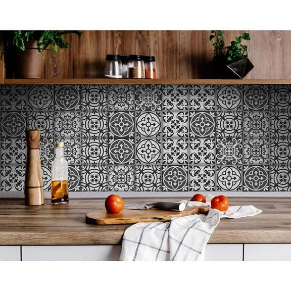 HomeRoots 4" X 4" Gray and White Multi Peel and Stick Removable Tiles Gray