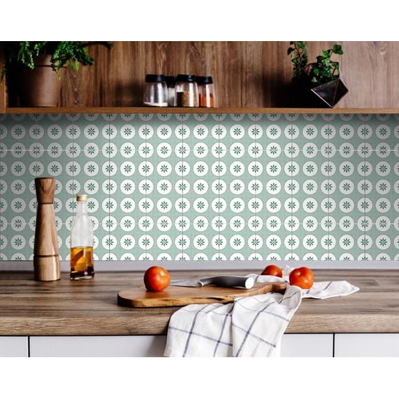 4" x 4" Light Sage And White Circle Flower Peel and Stick Removable Tiles