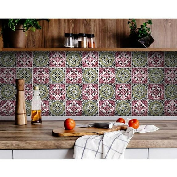 4" X 4" Vintage Cran and Green Peel and Stick Removable Tiles