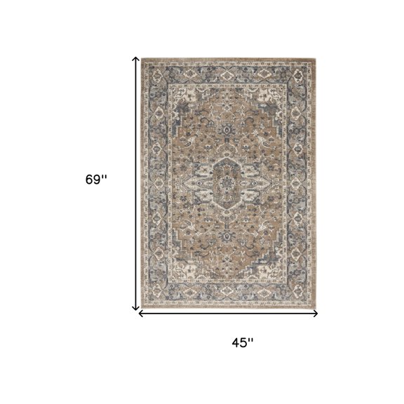 4' X 6' Beige And Grey Oriental Power Loom Non Skid Area Rug